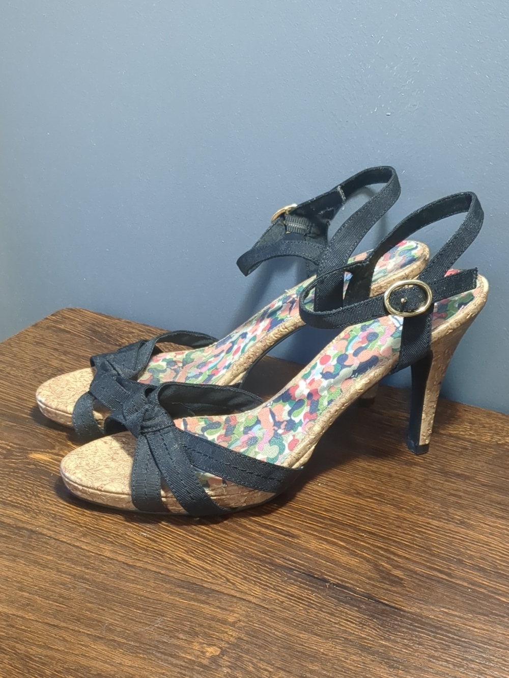 Fioni Lustacious Black Strappy Cork Stiletto Sandals Size 9.5 W Y2K